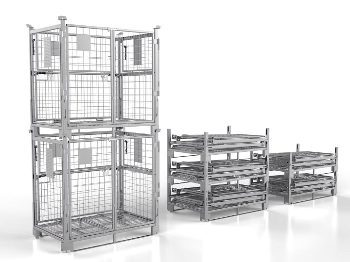 Die modulare SmartCube light Gitterbox im gefalteten und gestapelten Zustand