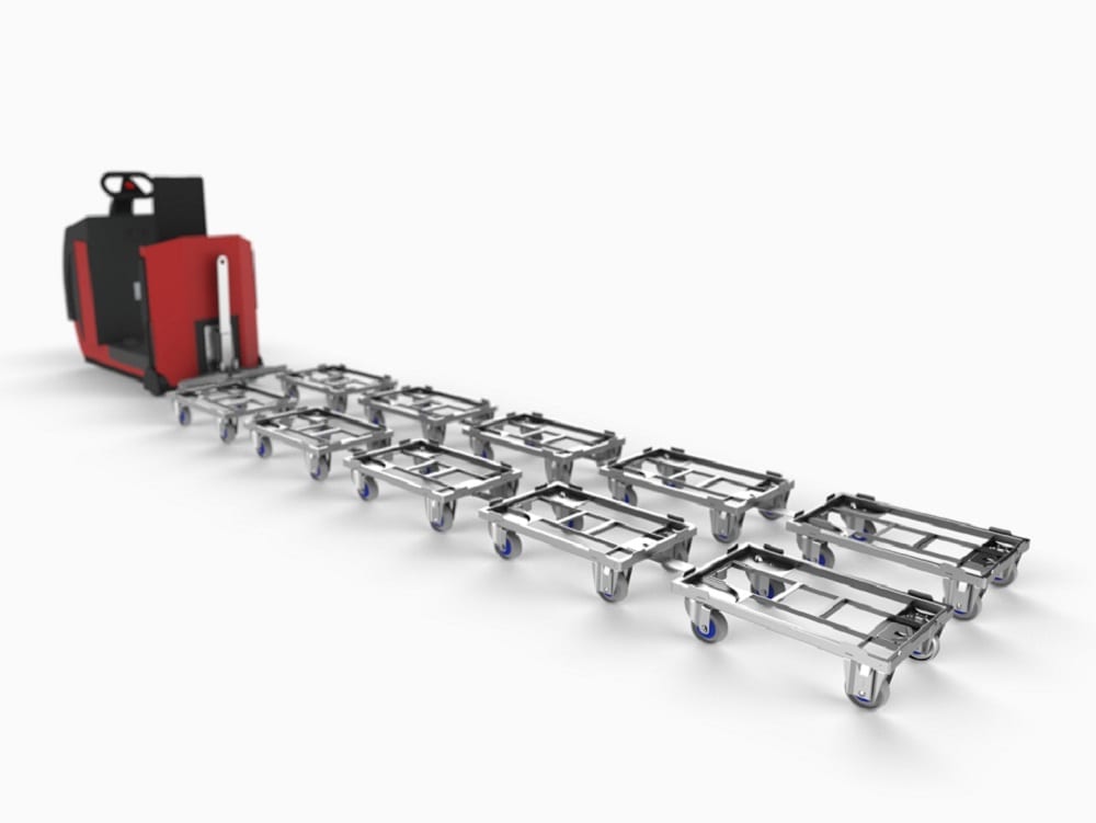 Routenzug bzw. Milk Run mit Lean Bodenrollern Typ VII