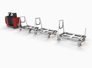 Tractor system with three lean pallet sidzed dollies