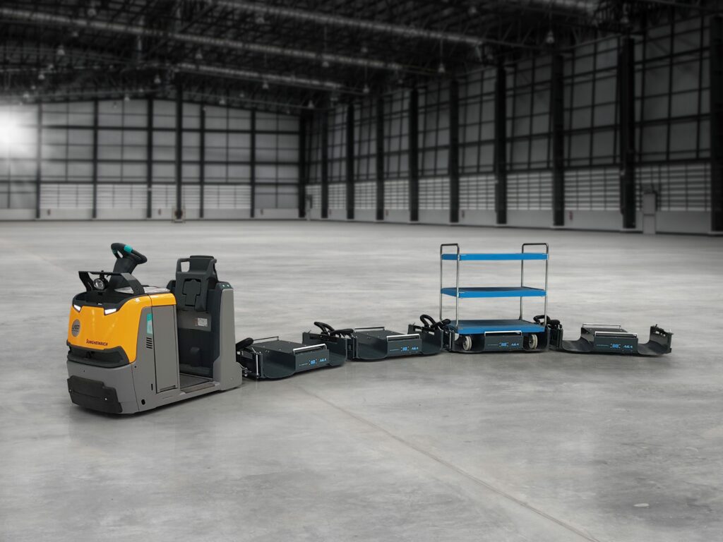 LiftLiner tugger train with Jungheinrich tugger and elephantboard lshelf wagon