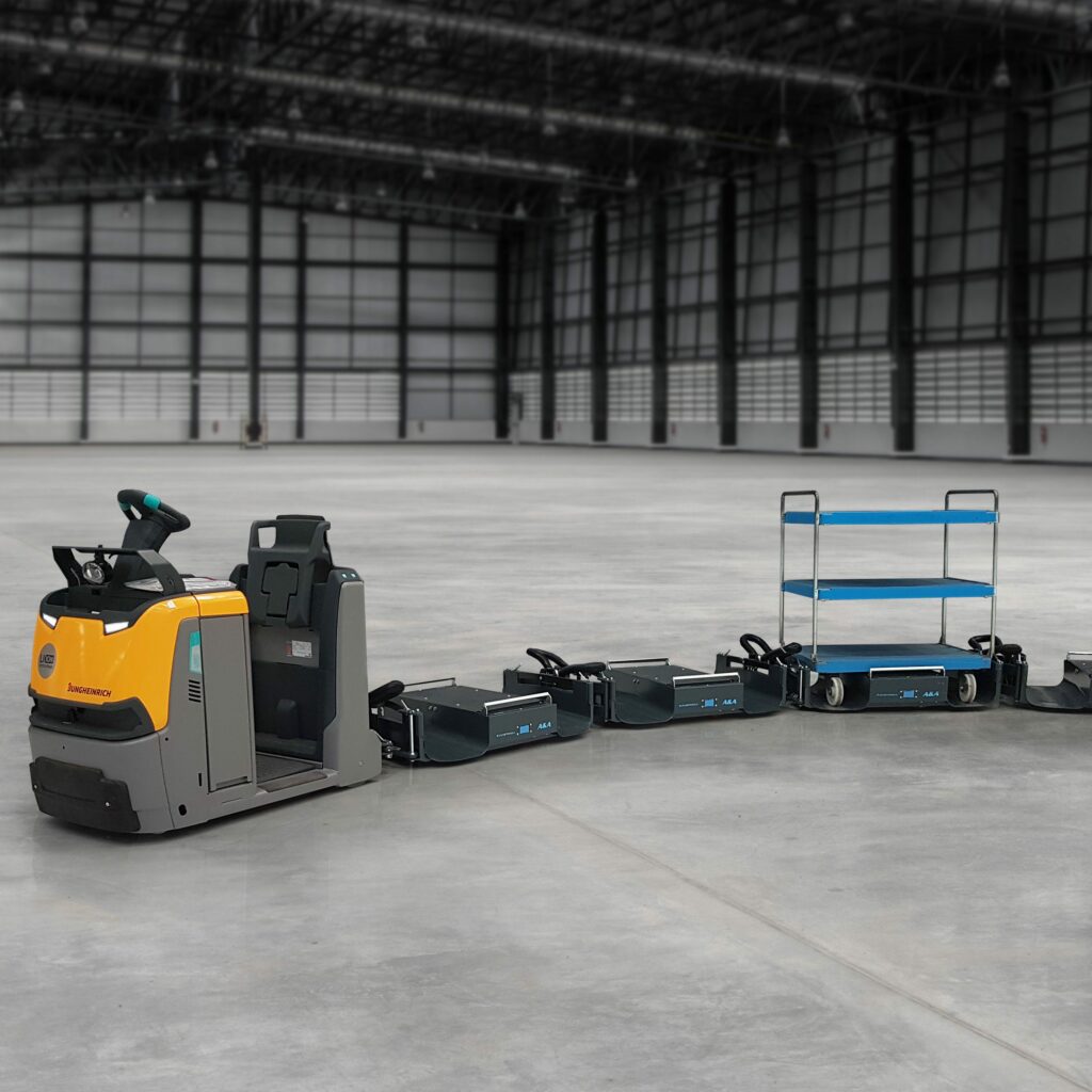 LiftLiner tugger train with Jungheinrich tugger and loaded with elephantboard