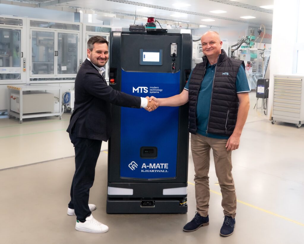 MTS is the newest AGV sales partner of K.Hartwall. The picture shows K.Hartwall's AGV partner manager Sebastian Hirschmann and Dávid Gurčík, Product Manager of the Robotics Division at MTS