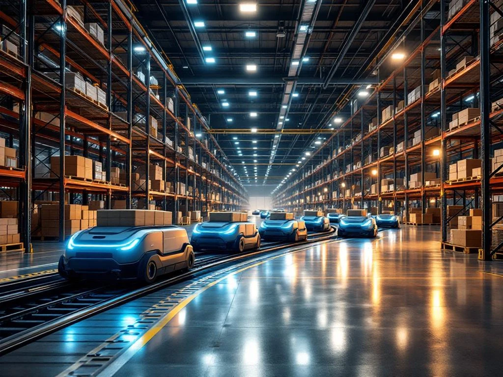 Modern automated warehouse with blue LED robots moving cargo containers along pathways beneath overhead conveyor systems.